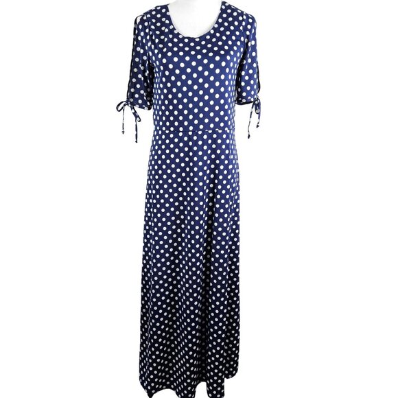 Star Vixen Womens Large Polka Dot Navy Maxi Dress Tie-Sleeves & Keyhole Back - Picture 3 of 11